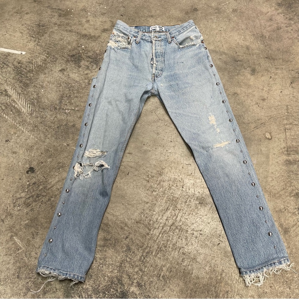 RE/DONE Straight Leg Distressed High Rise Studded Jeans 24